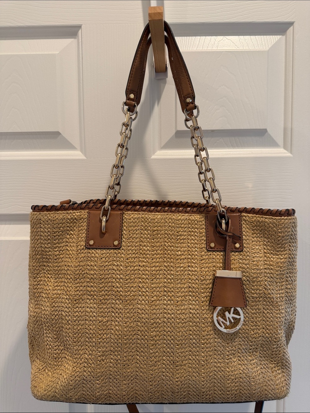 Michael Kors "Rosalie East West" Raffia Tote w/ Brown Leather & Gold Hardware